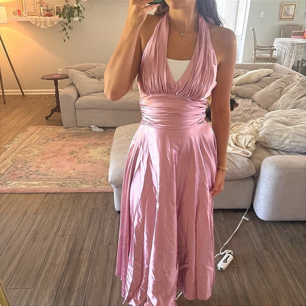 y2k elegant Halter Dress Pink Excelent Satin Ruched Midi Cinderella XS